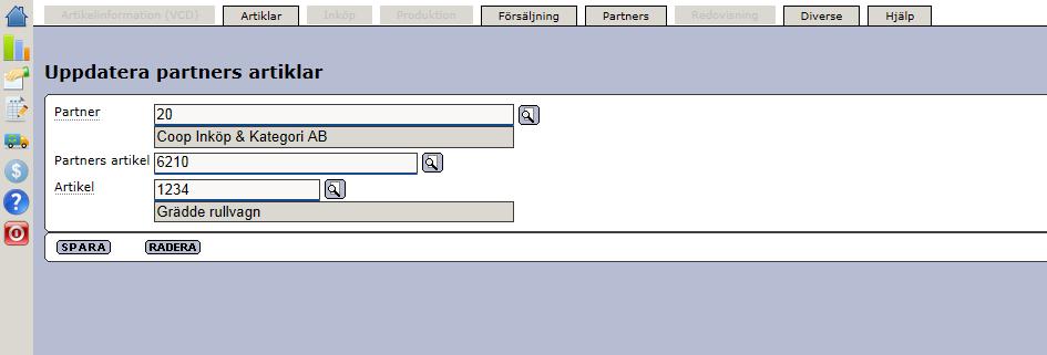 Senast Uppdaterad: 13-04-05 Handledning för COOP SET-order Sida 7 av 14 3.1.1.2 Partners artiklar När ni har lagt upp era artiklar i artikelregistret måste ni koppla era artikelnummer till köparens motsvarande artikelnummer.