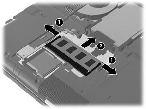 8. Lyft kanten på minnesmodulfackets lock (2) med ett finger eller en skruvmejsel och lyft sedan ur det ur datorn (3). OBS!