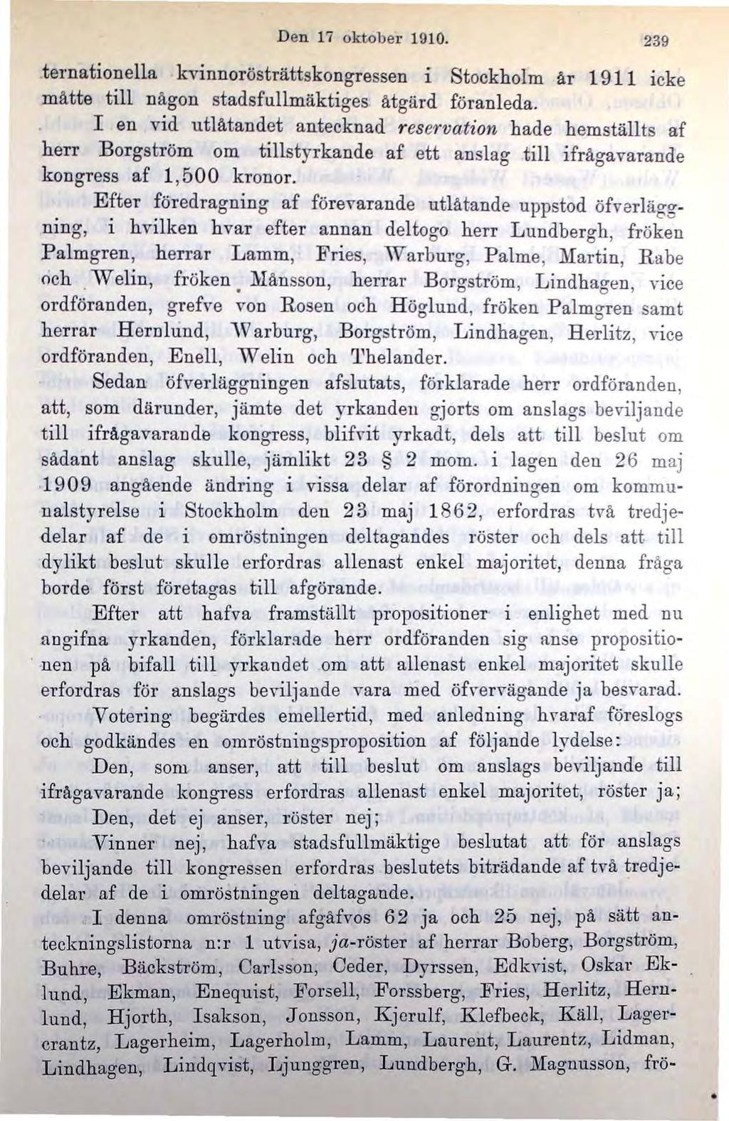 Den 17 oktober 1910. 239.ternationella kvinnorösträttskongressen i Stockholm år 19 11 icke måtte till någon stadsfullmäktiges åtgärd föranleda.