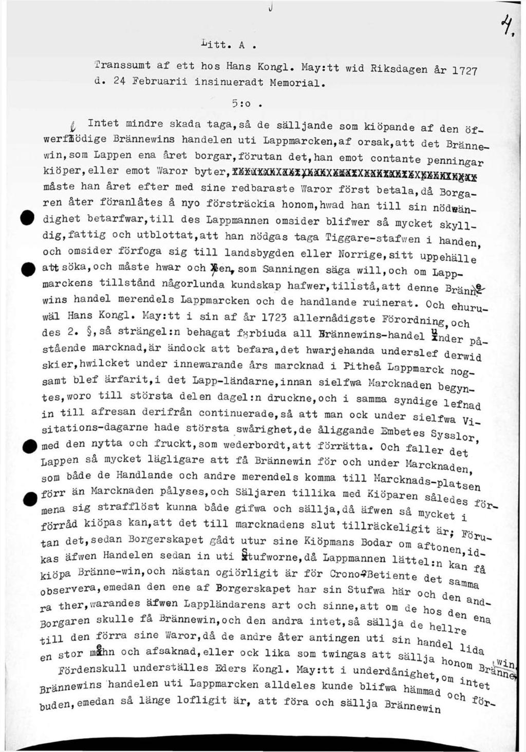 v L itt. A. Transsumt af ett hos Hans Kongl. May:tt wid Riksdagen år 1727 d. 24 Februarii insinueradt Memorial. 5 :o.