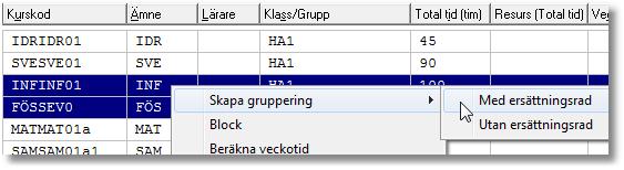 Tre nya rader skapas: en rad med 60 tim i helklass och två rader med 20 tim för varje halvklassgrupp.