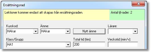 Skapa ersättningsrad "Skapa gruppering med ersättningsrad" gör det möjligt att samla ett antal kurser/ämnen under ett samlingsämne. Denna metod kan t.ex.