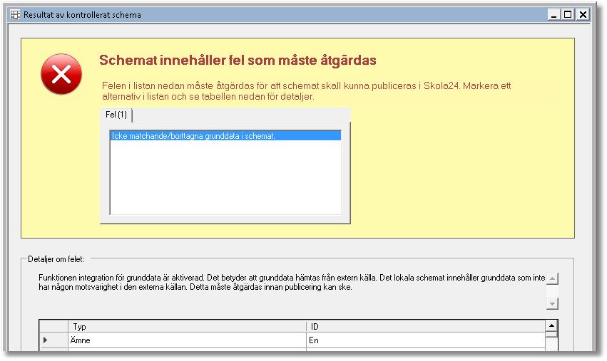 Publicering Publicering kan enbart ske då integrationen är påslagen och inga poster i schemat är markerade som borttagna. Annars stoppas publiceringen.
