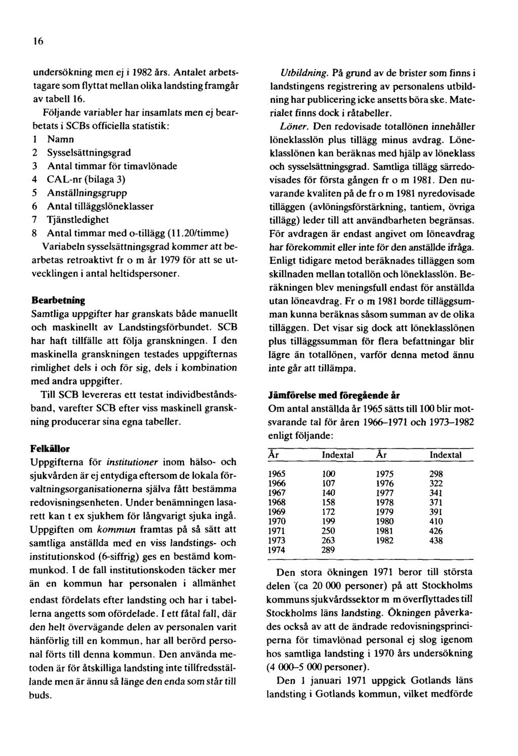 16 undersökning men ej i 1982 års. Antalet arbetstagare som flyttat mellan olika landsting framgår av tabell 16.