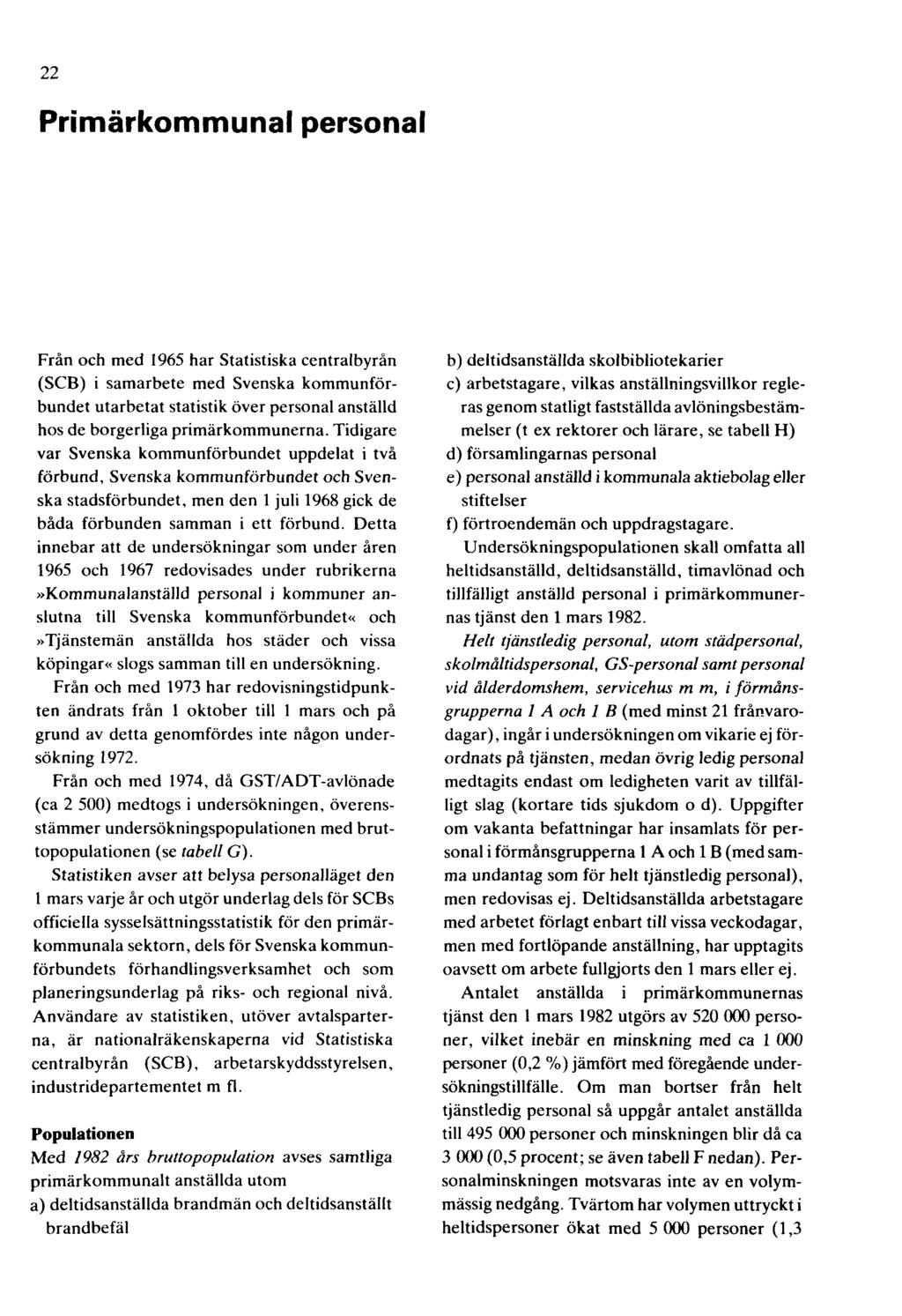 22 Primärkommunal personal Från och med 1965 har Statistiska centralbyrån (SCB) i samarbete med Svenska kommunförbundet utarbetat statistik över personal anställd hos de borgerliga primärkommunerna.
