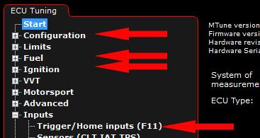 Mest troligt måste du börja med följande flikar: Antalet cylindrar, tändföljd och motorvolym. Configuration --> Engine settings. Uppladdningstid för tändspolar Ignition --> Ignition settings.