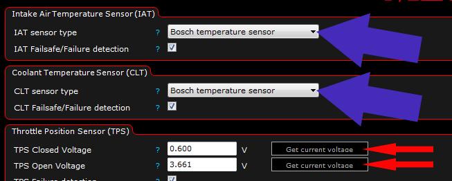 Inputs --> Sensors (CLT, IAT, TPS). Kalibrera spjällvinkeln vid 0% och 100%. Välj rätt kylvätsketemperatursensor (CLT) och insugstemperaturgivare (IAT).