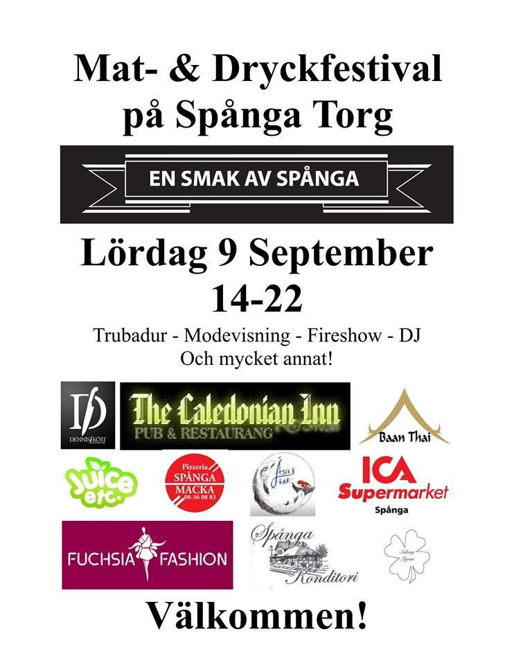 Spånga matmarknad En smak av Spånga 9/9 2017 För andra gången hölls en matfestival på Spånga Torg. Utställare var medlemmar i Spånga Företagarförening som sysslar med mat eller dryck.