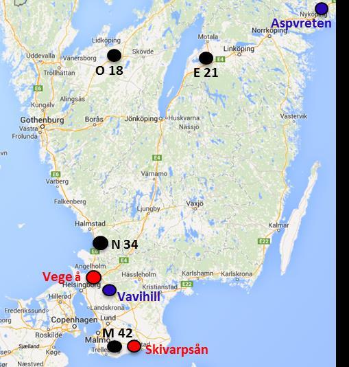 Figur 1. Karta över södra Sverige med provpunkter markerade. Till typområdena räknas Västergötland (O 18), Östergötland (E 21), Halland (N 34) och Skåne (M 42), markerade med svart.