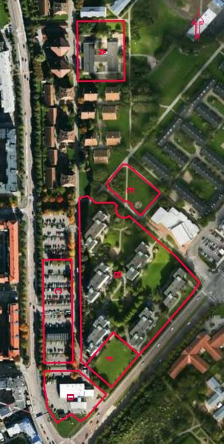 2 Figur 1. Översikt, befintlig markanvändning, röd markering visar planområdets indelning av delområdena AF. Flygfoto hämtat från Eniros karttjänst 20