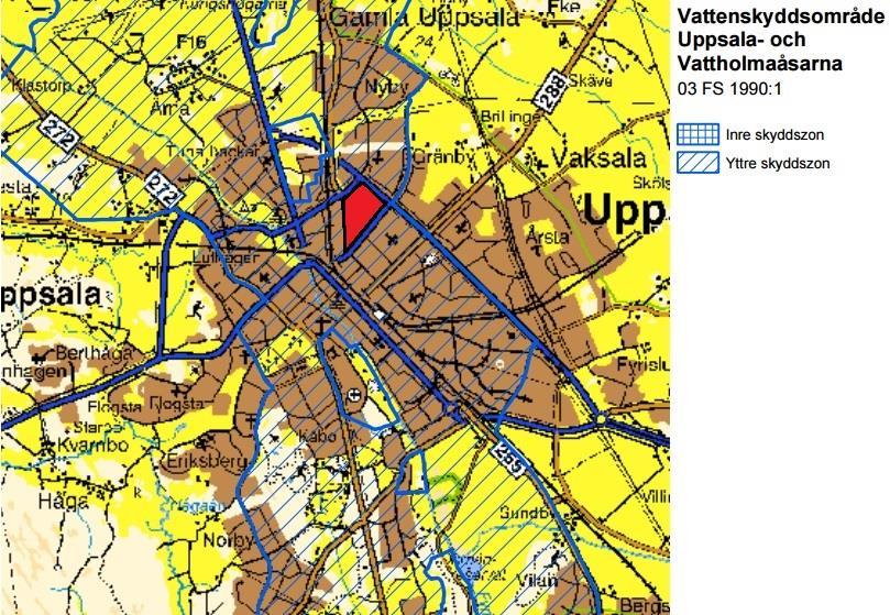 3 Figur 3. Vattenskyddsområde för Uppsala och Vattholmaåsarna. Området i och kring planområdet är markerat i rött. Karta hämtad från Uppsala Vattens hemsida 20