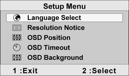 Kontroll Beskrivning Setup Menu (inställningsmenyn) visar följande meny. Language Select (Språk) gör det möjligt för dig att välja vilket språk som används i menyer och kontrollskärmar.