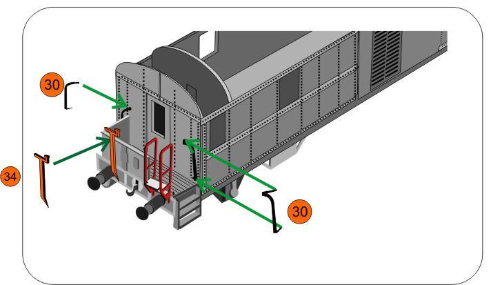 Handtag, handräcken och plattformsdetaljer Detaljer målas svarta innan montering. Instruktionen visar vagnens ena sida.