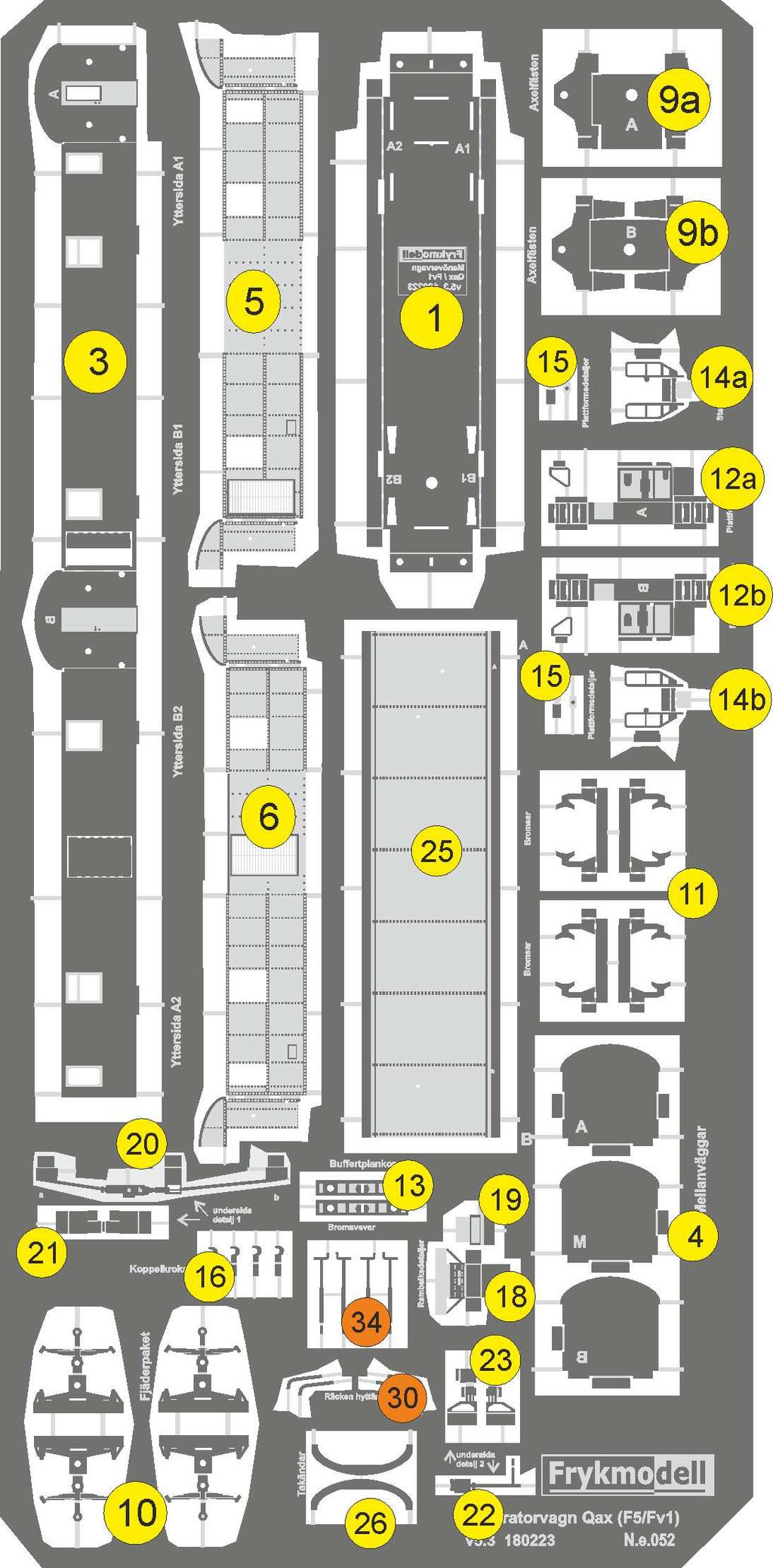 Byggsatsens innehåll Etsplåten Nr Beskrivning Antal 01 Bottenplatta 1 02 03 Stomme till vagnskorg 1 04 Mellanväggar 4A, 4M, 4B 3 5 Yttersida 1 6 Yttersida 1 09a Axelfäste, A-del 1 09b Axelfäste,