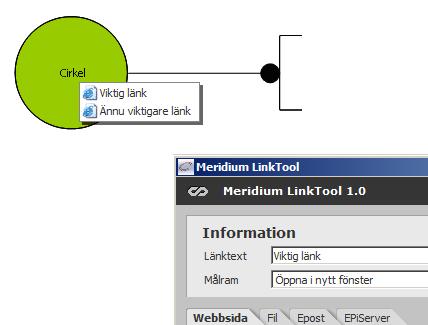 Om en länk adderas eller ändras så startas länkeditorn. Det övre statiska fönstret visar information om länkens namn och målalternativ. Ange ett länknamn och ett målalternativ.