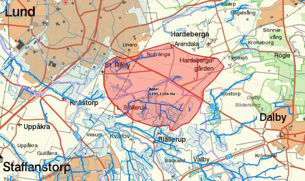 Tillrinningsområdet, 1195 ha. Filtret tar alltså in mer vatten vid högflöden och mindre vatten vid lågflöden.