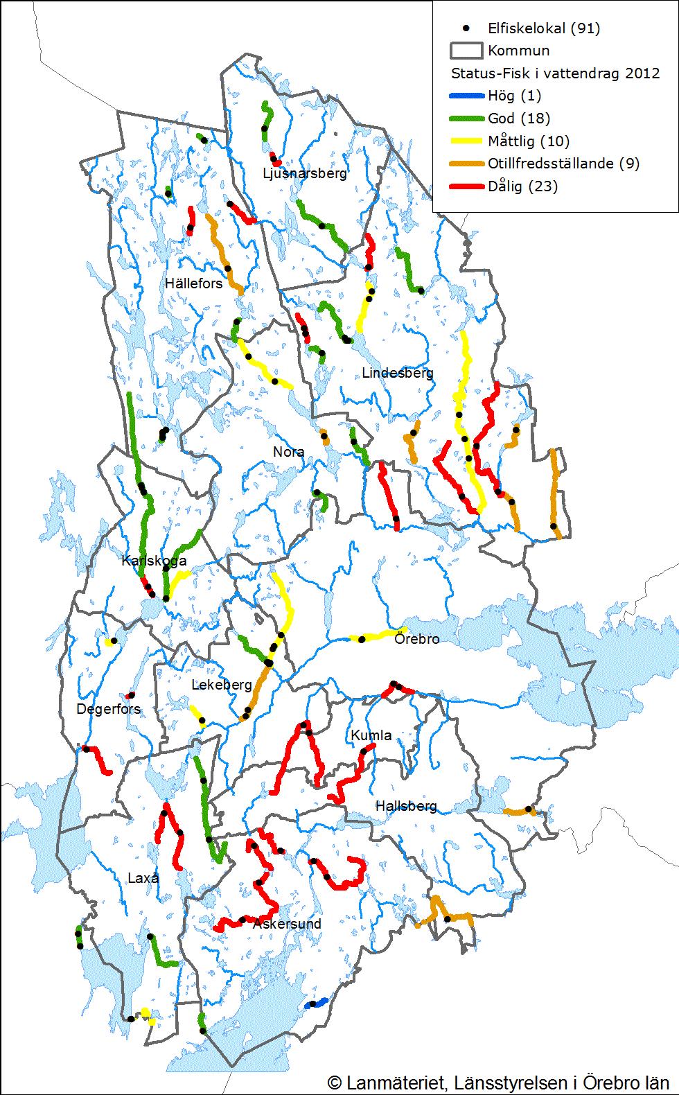 Samtliga 91 lokaler där elprovfiske utförts 2012 och