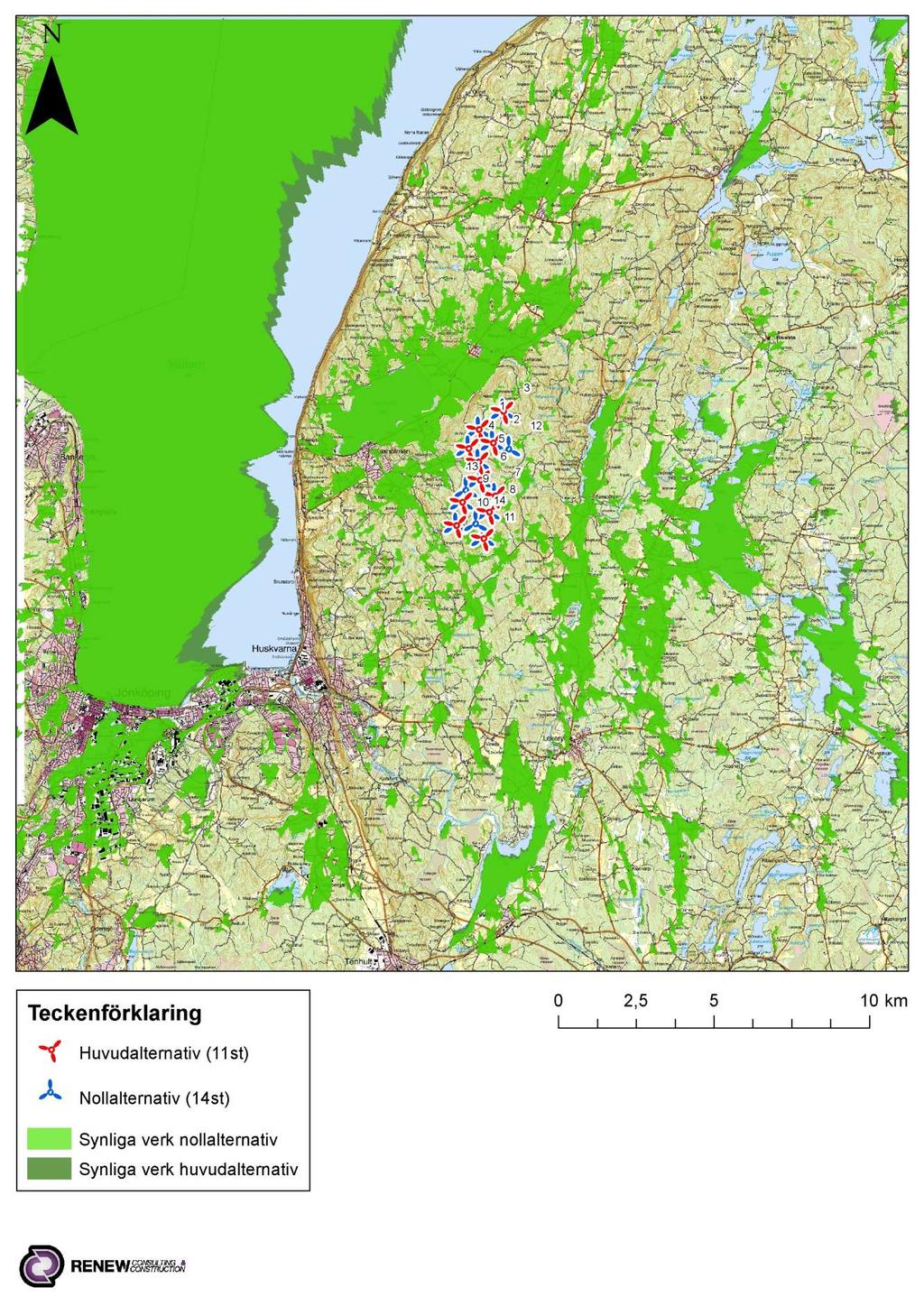 SYNBARHESBERÄKNING En synbarhetsanalys visar hur många vindkraftverk som kommer vara synliga från olika platser i landskapet.