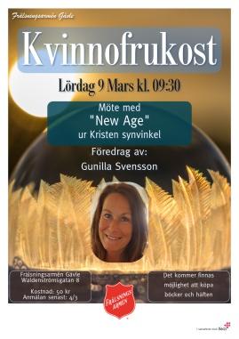 6 Februari - Mars 2019 Mars to 07 10:00 Bön lö 09 09:30 Kvinnofrukost Gunilla Svensson "Möte med New Age ur Kristen synvinkel" sö 10 10:00 Ekumenisk Gudstjänst i Heliga Trefaldighets kyrka må 11