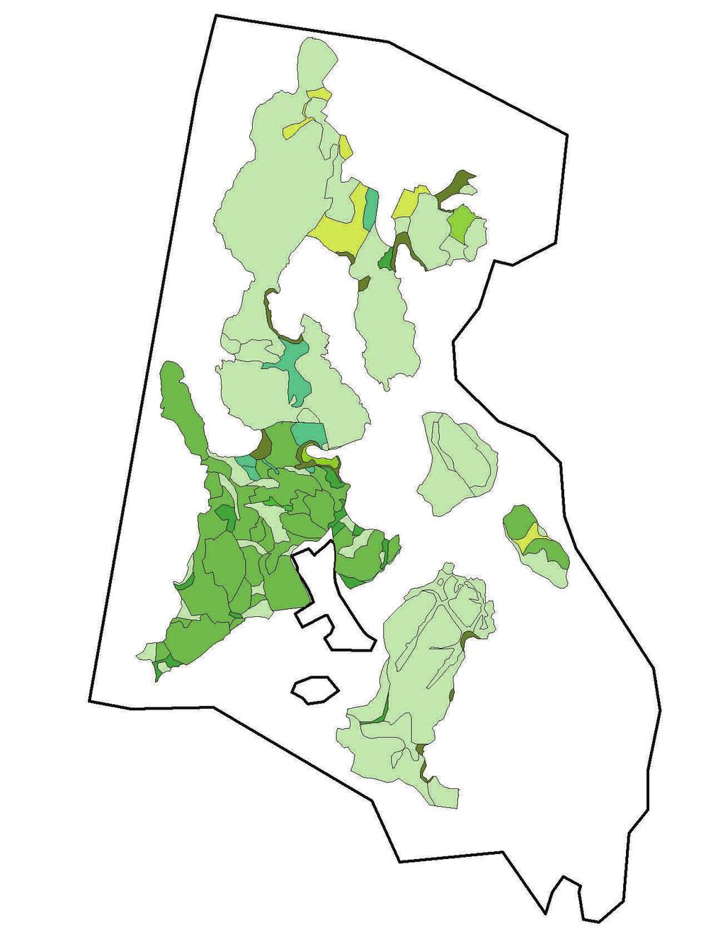 a b Figur. Exempel på geografisk uppföljningsstruktur för ett storområde (Trossö-Kalvö-Lindö). a) Uppföljningsytor av olika naturtyper (olika färger) i storområdet.