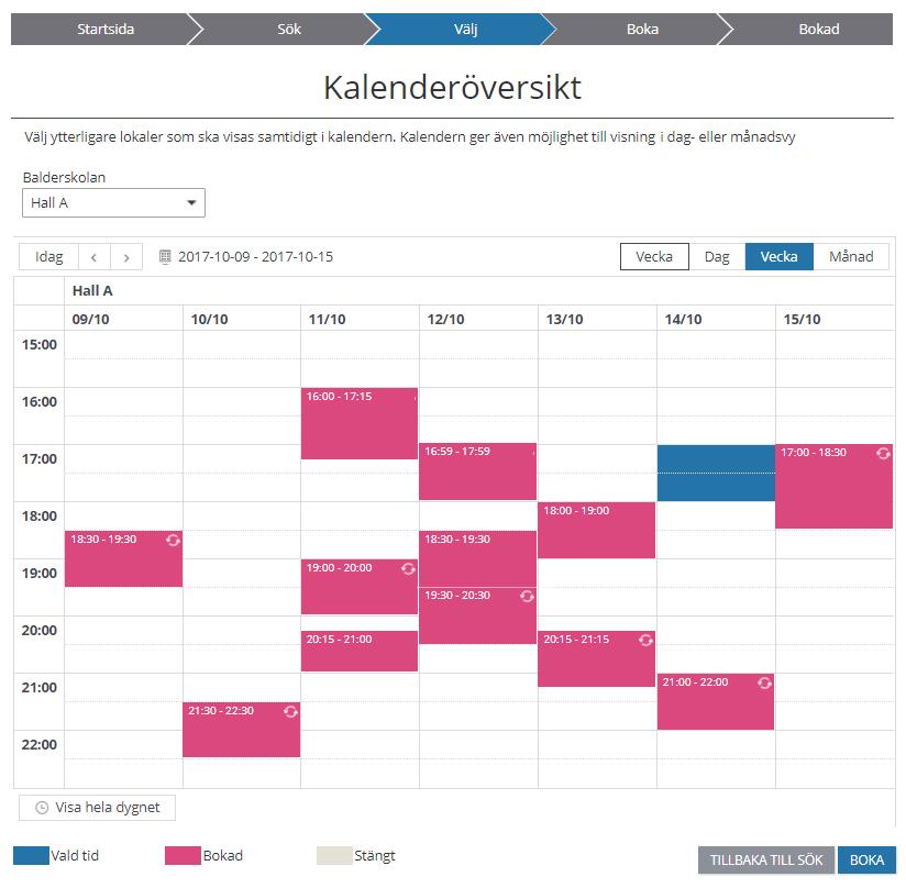 Sök och boka återkommande tid 5(8) Stängda, lediga och bokade tider visas i en kalender på valt objekt. Man kan välja att visa ytterligare objekt genom att markera dessa i rullisten.