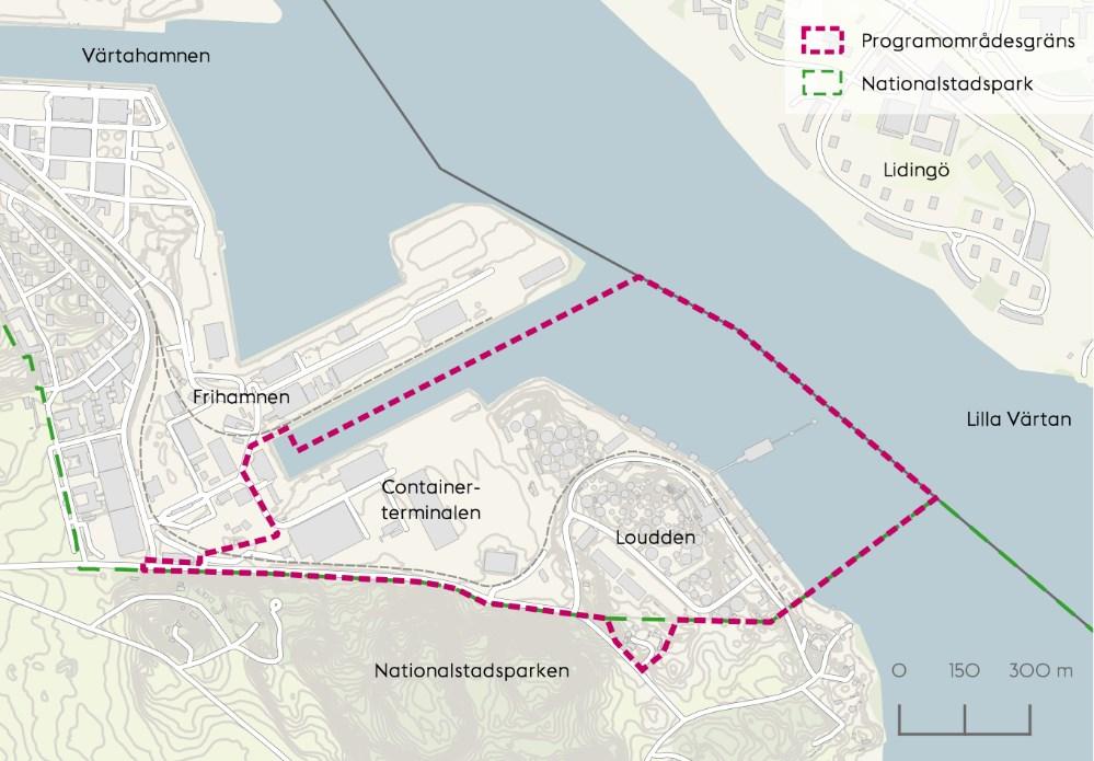 Sida 6 (17) Louddens oljehamn och Containerterminalen. Lila linje visar preliminär projektområdesgräns. I detta tidiga skede är projektområdets geografiska gräns inte helt bestämd.