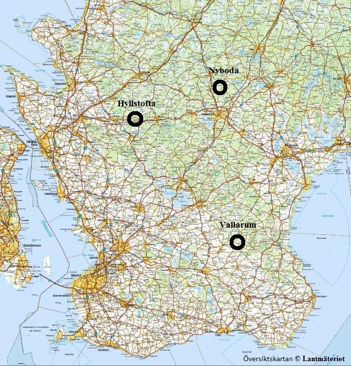 Figur 2 Kartbild på var röjningsobjekten ligger. Figure 2 Map of the locations of the cleaning objects. Trädsammansättningen skiljde ganska mycket mellan de olika objekten.