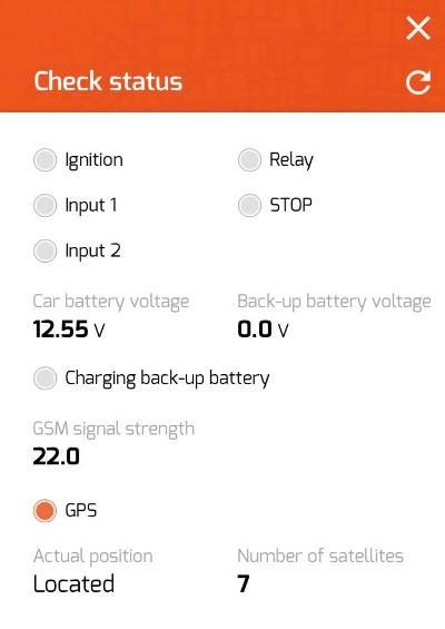 b) Kontrollera enhetens status Ett klick på Check unit status kommer att öppna ett fönster som visar enhetens aktuella status (det visar status för tändning, STOP funktion, backupbatteri och GSM