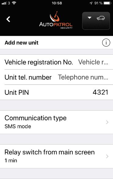 6) På skärmbilden Add new unit, ange alla parametrar som efterfrågas för den nya fordonsenheten: Vehicle registration No.