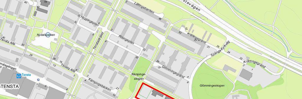 Sida 2 (8) Orienteringskarta med ungefärligt planområde markerat i rött. Tensta centrum ligger till väster och Spånga kyrka i söder.