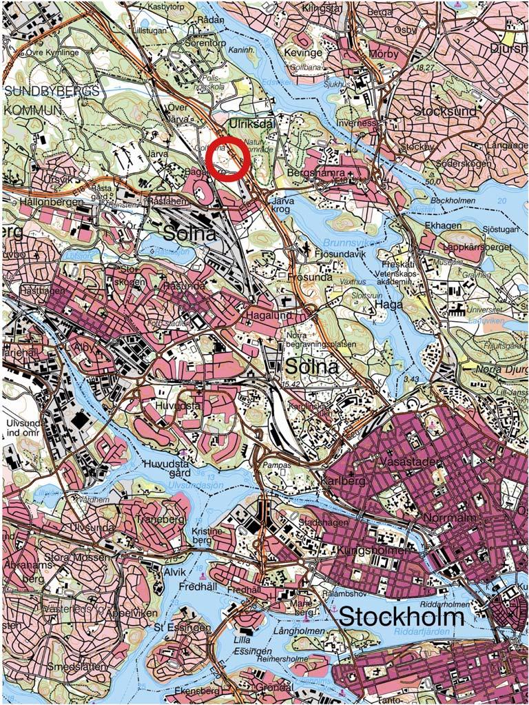Figur 1. Utdrag ur gröna kartan. Undersökningsområdet markerat med röd ring.
