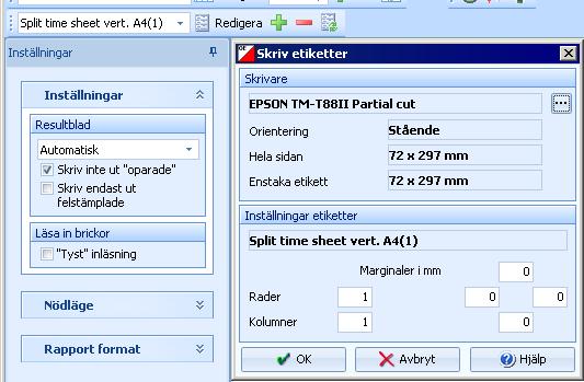 Om utskrift av sträcktider ska ske med kvittoskrivare, välj etikett Split time sheet vert.