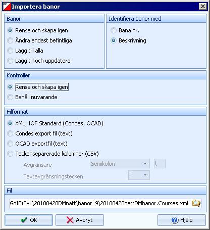 Importera Välj Banor>Importera Om filen kommer från OCAD8, välj istället filformat OCAD exportfil (text). Välj filen och klicka på [OK].