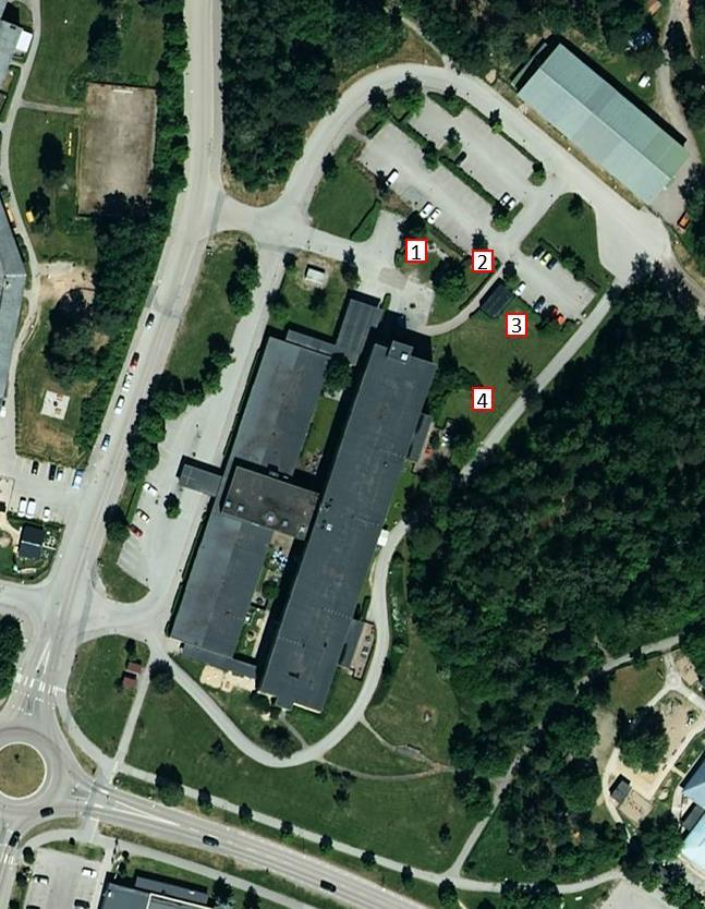 Figur 9. Provpunkter vid den geotekniska undersökningen där förhöjda föroreningshalter av kvicksilver (punkt 1-3), kobolt och bly (punkt 4) påträffats. Bildkälla eniro.