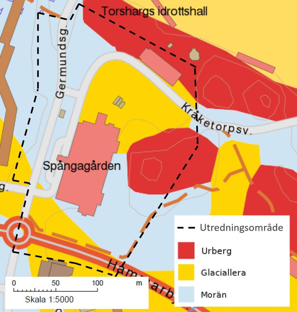 2 Förutsättning 2.1 Geologi och topografi I planområdet finns sandig morän, glaciallera samt urberg (Figur 2). Glacialleran finns främst i södra och norra delen av området.