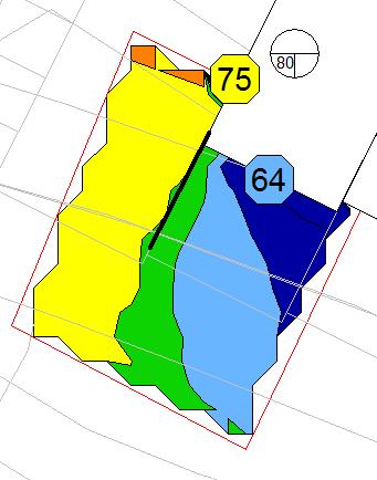 ligger på gavlarna. För att klara riktvärdena där krävs 1,5 m höga skärmar på markplan. Se figur 11 och 12 nedan. Figur 11. Över 70 dba maximalljudnivå på uteplats vid gavlarna.