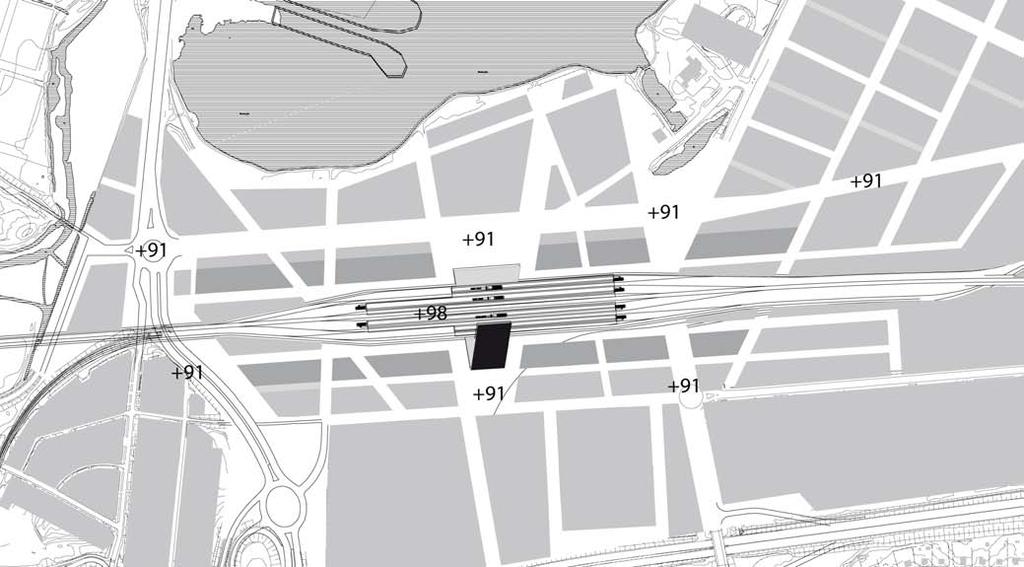 Alt. Spår i upphöjt läge (+98) Spåren ligger i detta alternativ upphöjt från marken, ömsom på brokonstruktion och ömsom på en banvallskontruktion (en sluten betongkasun med fyllnadsmaterial).