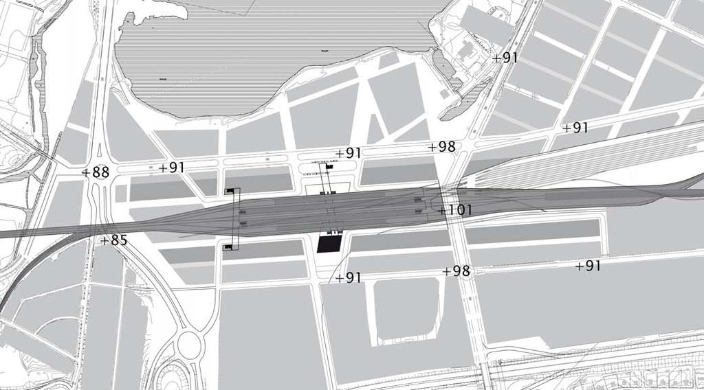 Alt. Spår i markplan (+93) Spåren förläggs i markplan. Vaggerydsbanan sänks och korsar under Götalandsbanan. Södra Infarten sänks.