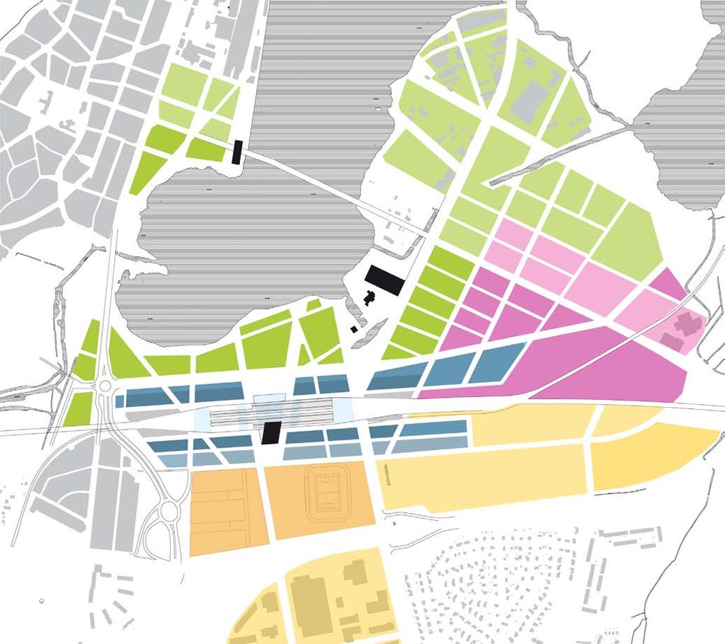Inriktning för stadsutvecklingen Blandad stadsbebyggelse inriktning bostäder inom 500 m från station Stadsbebyggelse inriktning MÖTEN kontor, utbild, forskn, konferens o service.