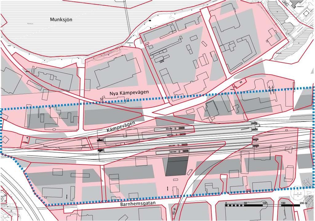 Överlagrad plan med befintlig och ny kvartersstruktur Röda linjer = Bef.