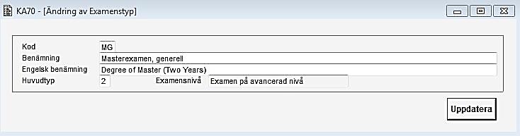 Sida 11 av 17 2.9 EXTYP Tabellen innehåller typ av examen med kod och benämning för samtliga examensnivåer. Se funktion KA70.