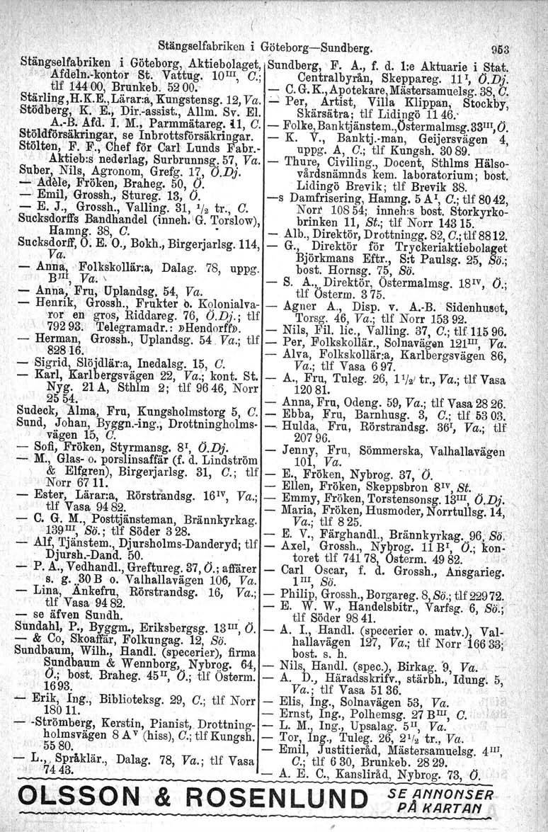 Stängselfabriken i GöteborgSundberg. 953 Stängselfa~ri)ren i. Göteborg,,Aktiebolaget, Sundberg, F. A., f. d. l;e Aktuarie i ~tat., h" Afdelni'kQntor St.,' Vattug. lolii, C.; Centralbyrån, Skeppareg.