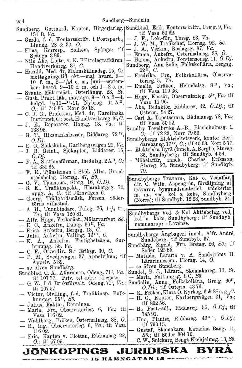 \J54 SundbergeSundelin. Sundberg, Gotthard, Kapten, Birgerjarlsg. Sundblad, Erik, Kontorsskrifv., Frejg. 9, Va.; 131 B, Va. tlf Vasa 5362. _ Gerda, f. d. Kontorsskrifv. i Postsparb., J. F., Lok.för.