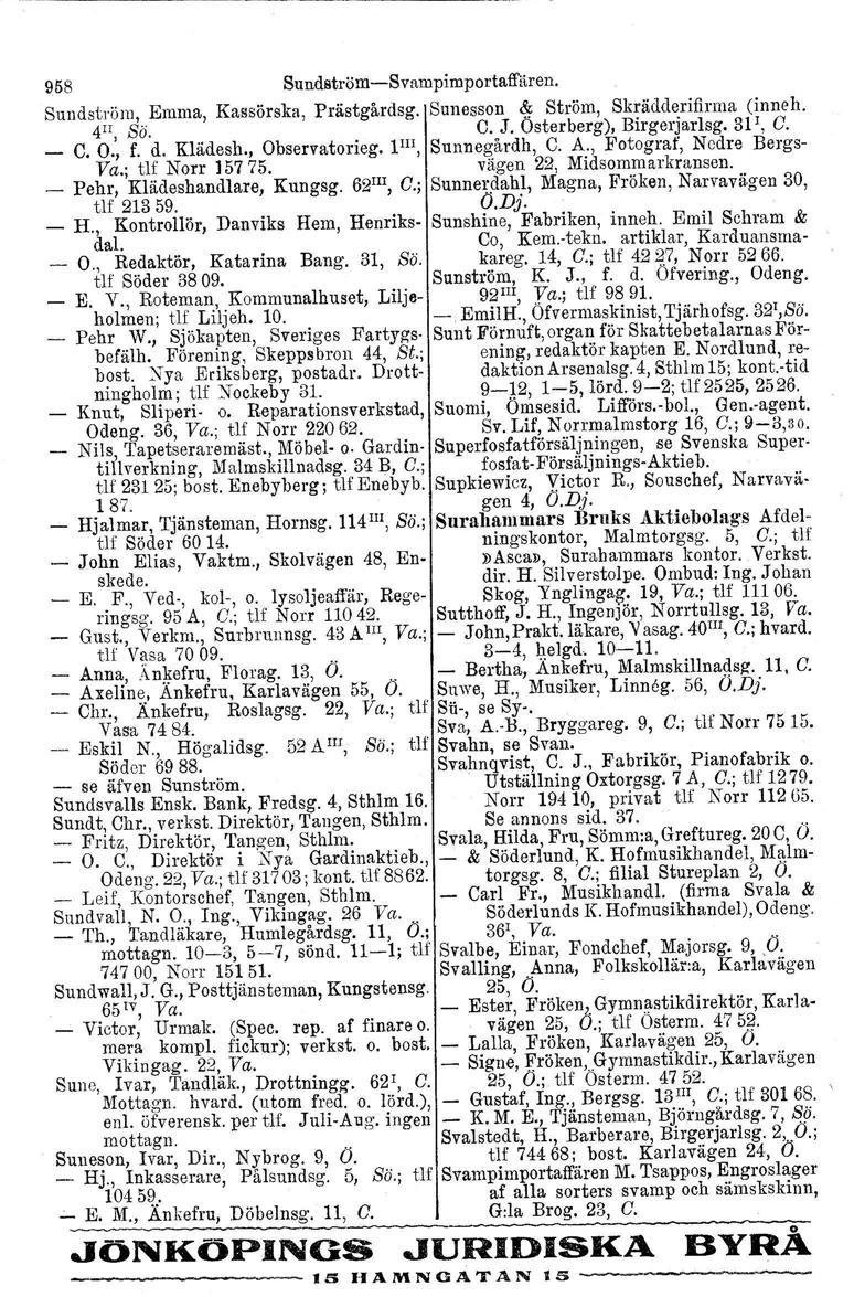 958 SundströmSvampimportaffiiren. Sundström, Emma, Kassörska, Prästgårdsg. Sunesson ~ Ström, Skrädderifirma (inne h. 4", Sö. O. J. Österberg), Birgerjarlsg. 31 r, C. _ C. O., f. d. Klädesh.