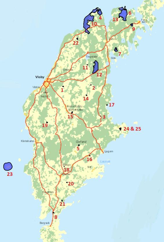Bilaga 2 Karta över de 25 områden som ingår i projektet: * = påträffad almsjuka, uppdaterat efter inventering 2013 1. Allkvie änge * 2. Alvena lindaräng * 3. Anga prästänge 4. Blautmyrskogen 5.