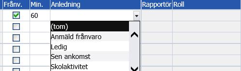 Inkludera sekretessmarkerade elever Checkboxen markeras om även sekretessmarkerade elever ska synas i rapporten Längd Visar lektionens längd i minuter Lärare Visar signaturen för undervisande lärare