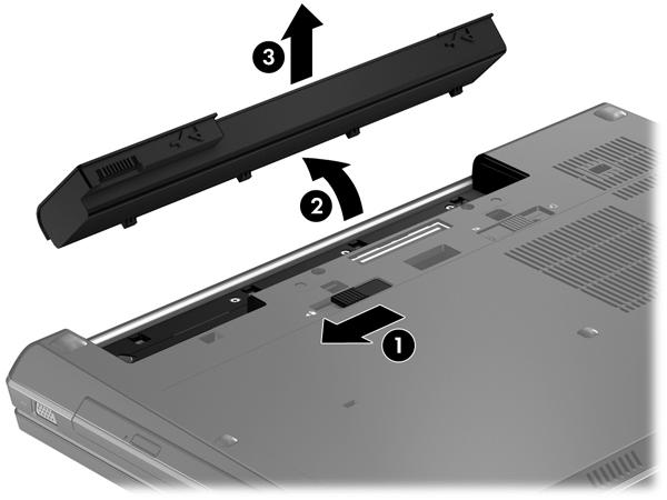 Så här tar du ut batteriet: VIKTIGT: När du tar ut ett batteri som är datorns enda strömkälla kan information gå förlorad.