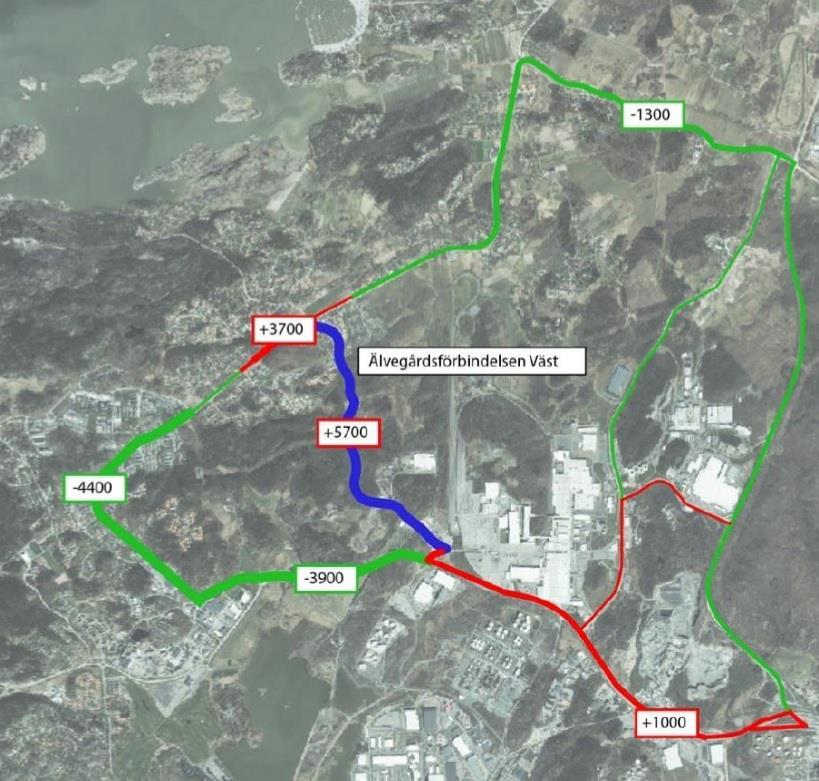 5.4 Tvärförbindelsens påverkan på trafikmängder I denna rapport utreds Älvegårdsförbindelsen Väst och dess konsekvenser för trafikmängderna på Kongahällavägen i förhållande till kommande exploatering.