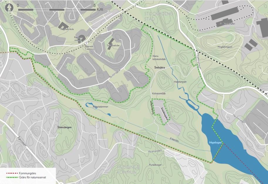 Sida 4 (6) Föreslagna gränser för Rågsveds naturreservat. Planområde för upphävande markerat med röd linje.