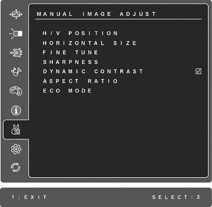 VESA 1366 x 768 @ 60 Hz (rekommenderas) innebär att upplösningen är 1366 x 768 och repetitionsfrekvensen är 60 Hertz. Manual Image Adjust (Bildstä llningens) visar menyn Manual Image Adjust. H./V.